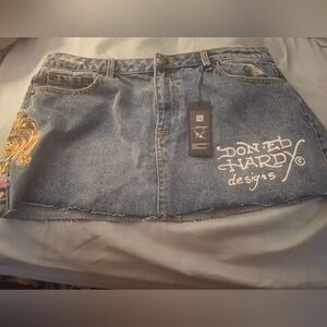 BRAND NEW w tags Ed Hardy Blue Denim Mini Skirt with Graphic Design